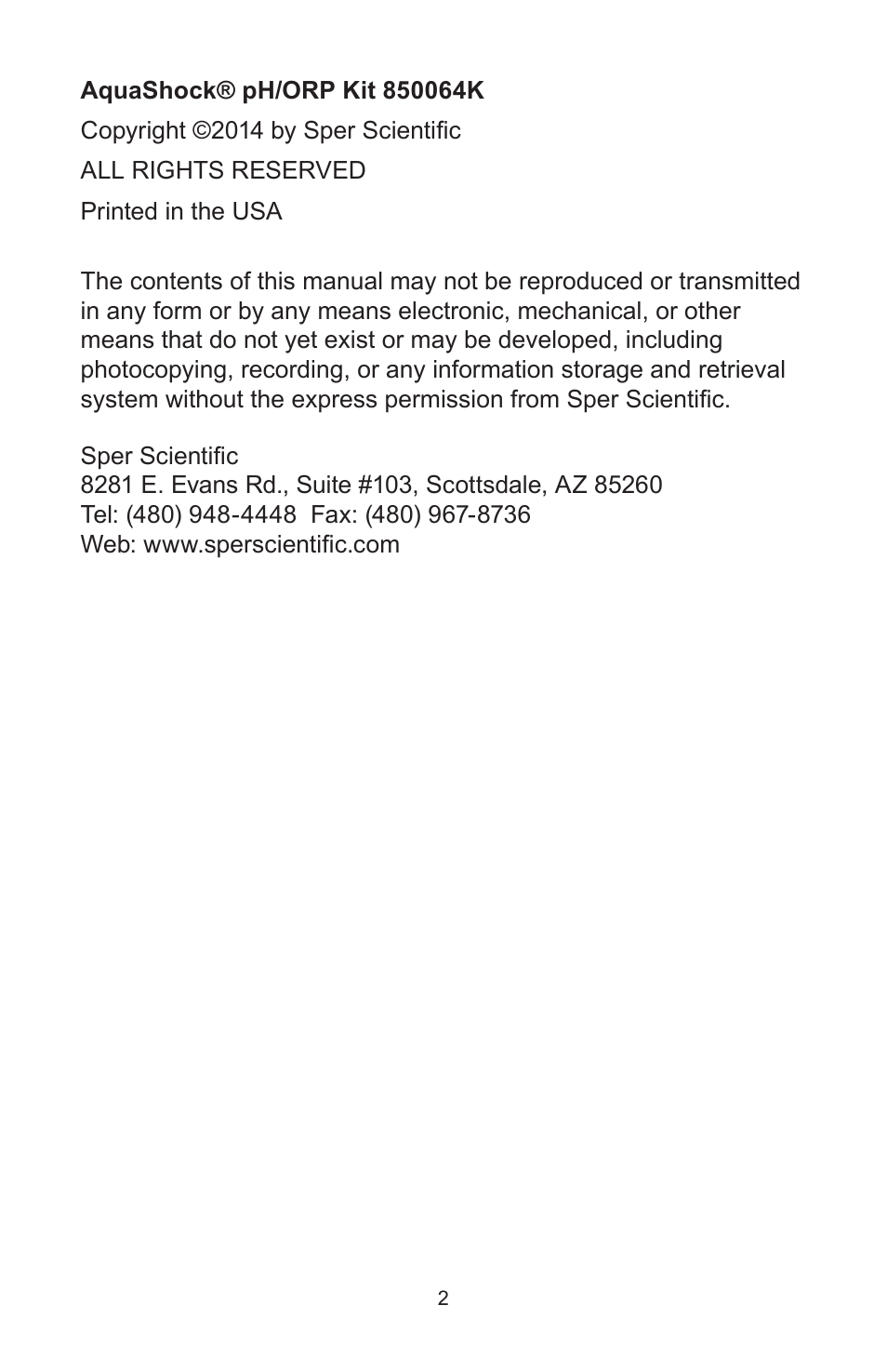 Sper Scientific 850064K AquaShock pH ORP Kit User Manual | Page 2 / 16