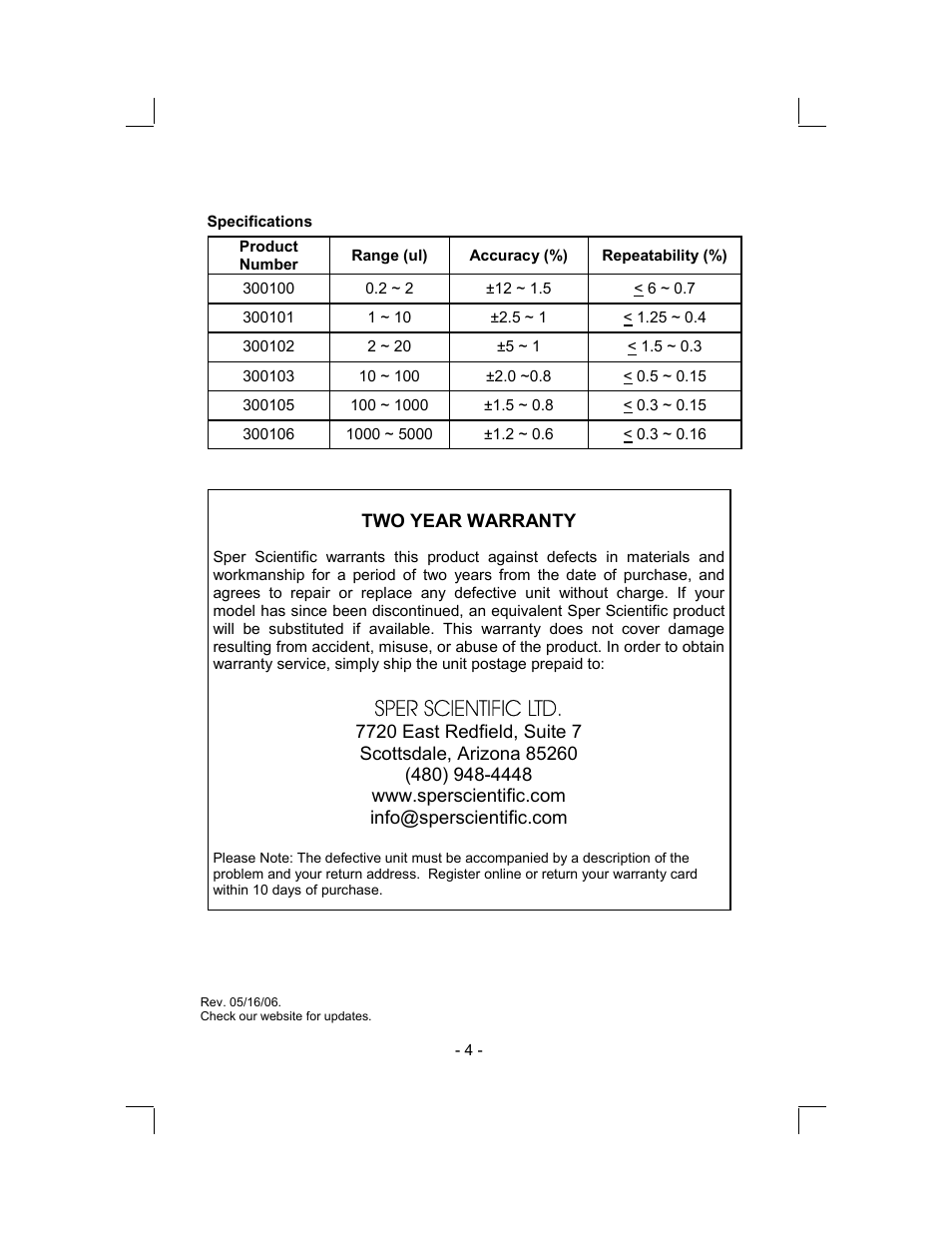 Sper scientific ltd | Sper Scientific 300104 Adjustable Pipettor User Manual | Page 4 / 4