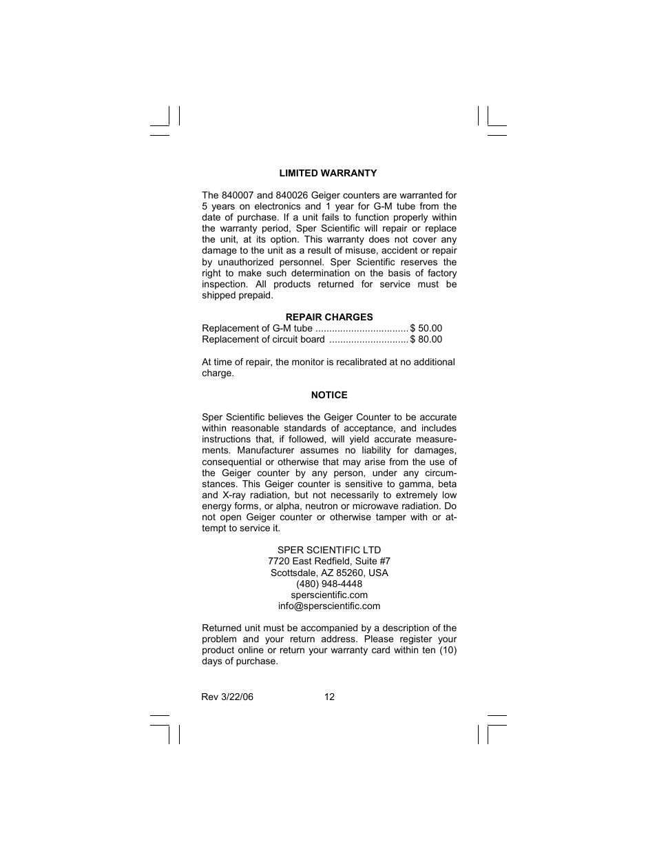 Sper Scientific 840007 Radiation Detection Meter User Manual | Page 12 / 12