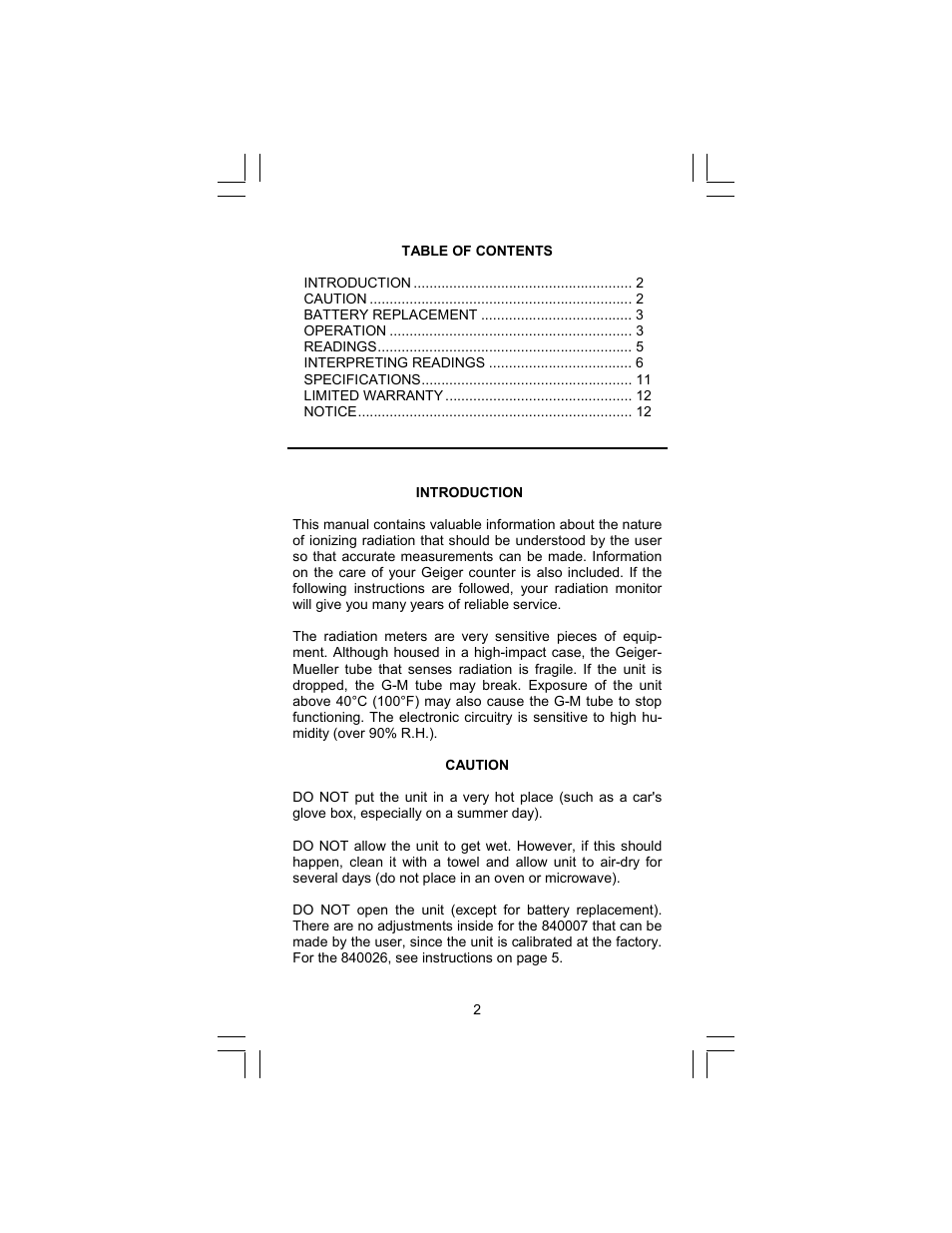 Sper Scientific 840007 Radiation Detection Meter User Manual | Page 2 / 12