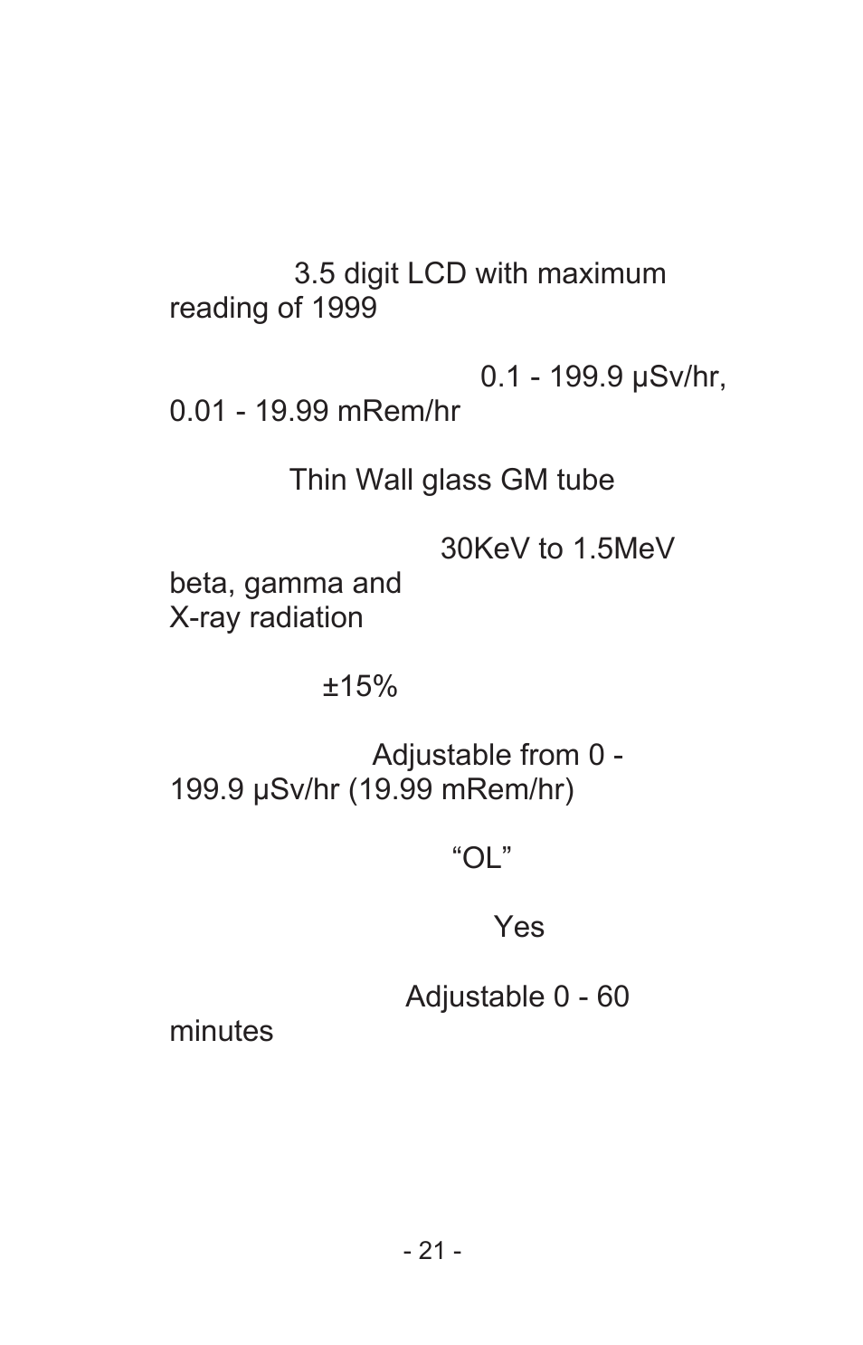 Specifications | Sper Scientific 840024 Digital Radiation Meter User Manual | Page 21 / 24