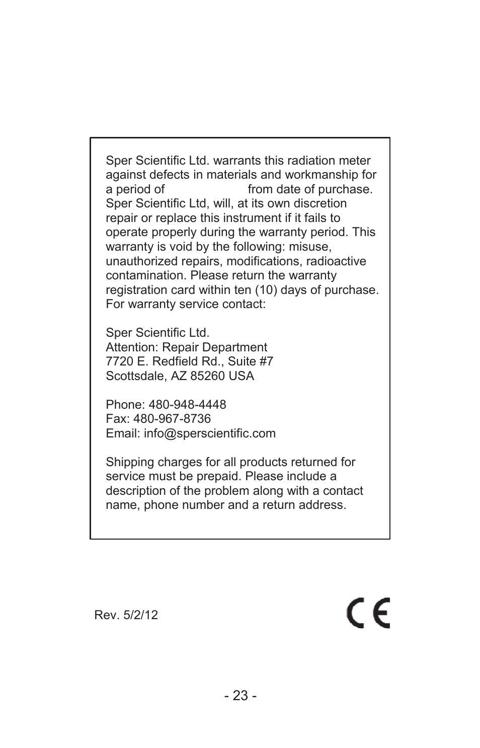 Warranty | Sper Scientific 840024 Digital Radiation Meter User Manual | Page 23 / 24