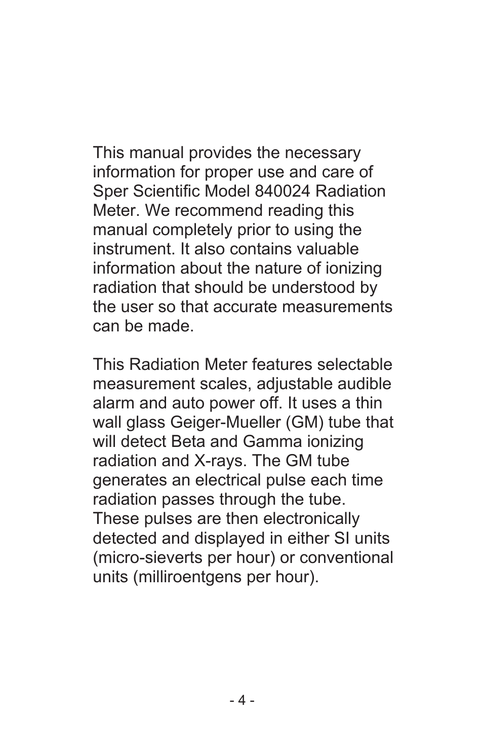 Introduction | Sper Scientific 840024 Digital Radiation Meter User Manual | Page 4 / 24