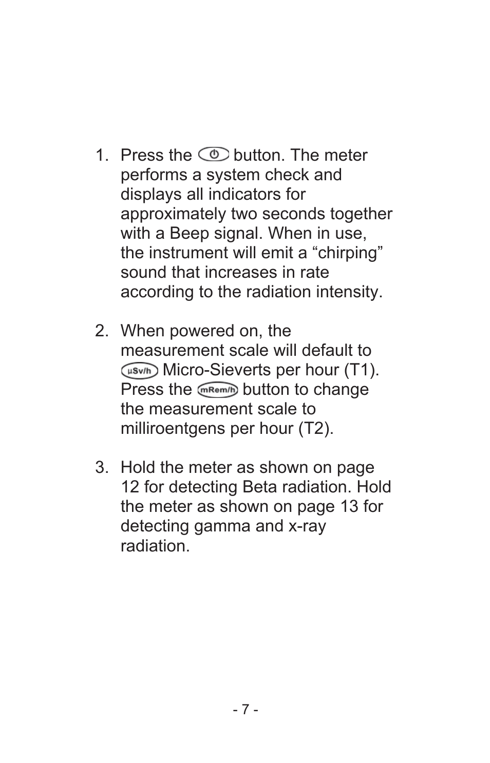 Operating procedures | Sper Scientific 840024 Digital Radiation Meter User Manual | Page 7 / 24