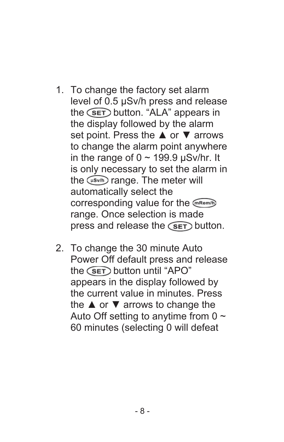 Meter setup | Sper Scientific 840024 Digital Radiation Meter User Manual | Page 8 / 24