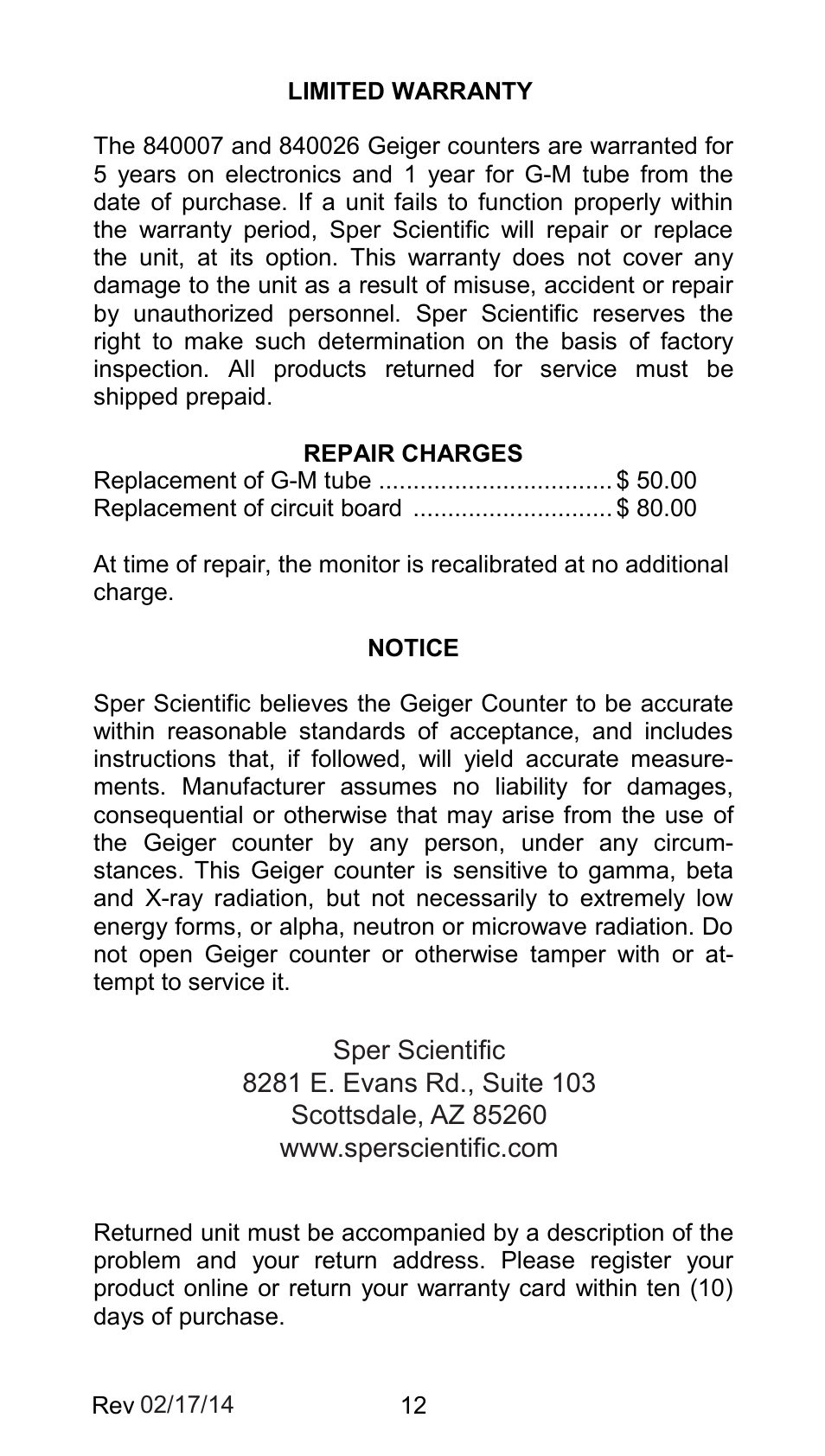 Sper Scientific 840026 Radiation Detection Meter User Manual | Page 12 / 12