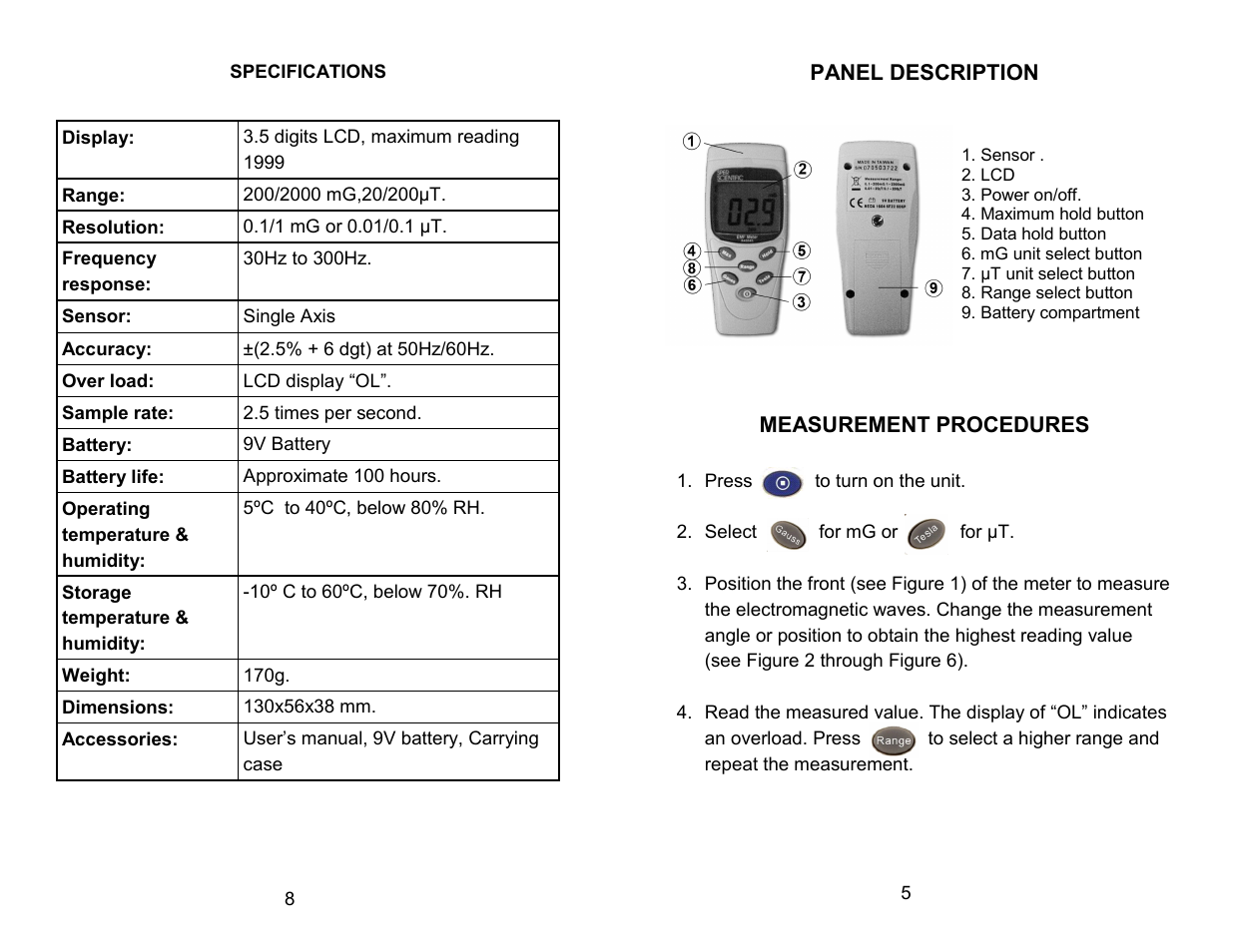 Sper Scientific 840045 Electro Magnetic Field (EMF) Meter User Manual | Page 5 / 6