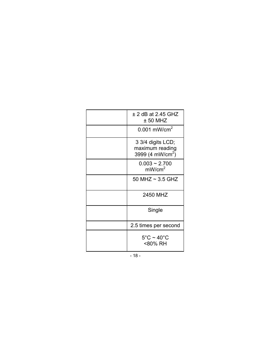 Specifications | Sper Scientific 840046 RF Microwave Meter User Manual | Page 18 / 20