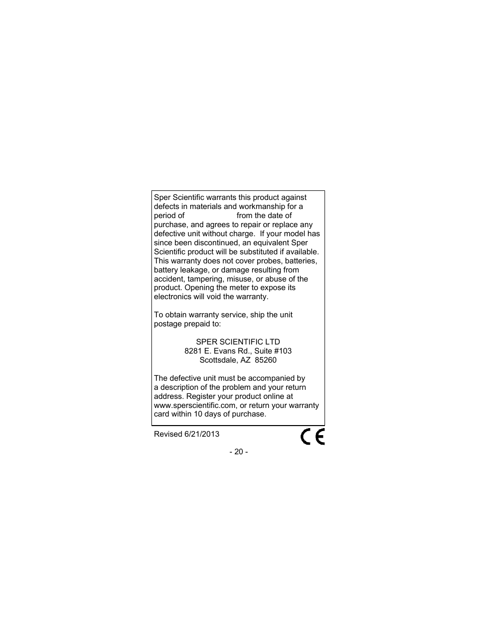 Warranty | Sper Scientific 840046 RF Microwave Meter User Manual | Page 20 / 20
