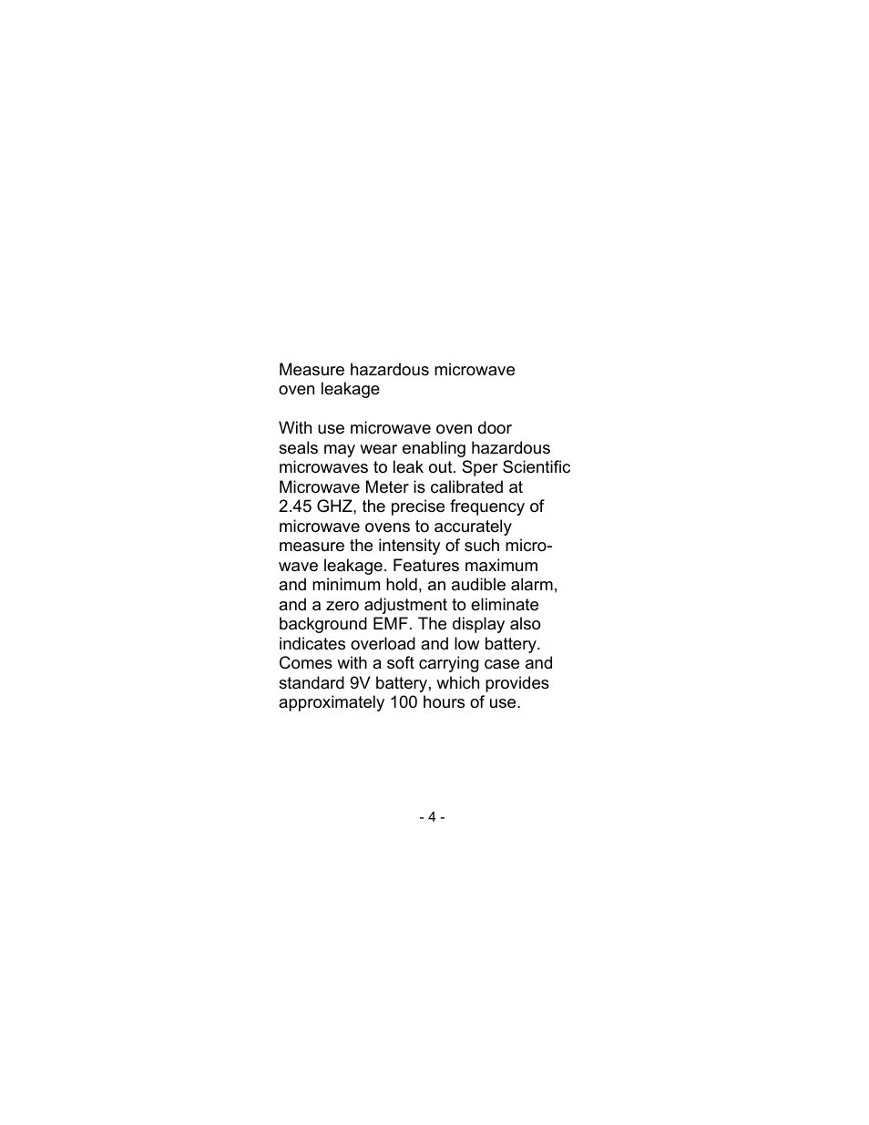 Sper Scientific 840046 RF Microwave Meter User Manual | Page 4 / 20