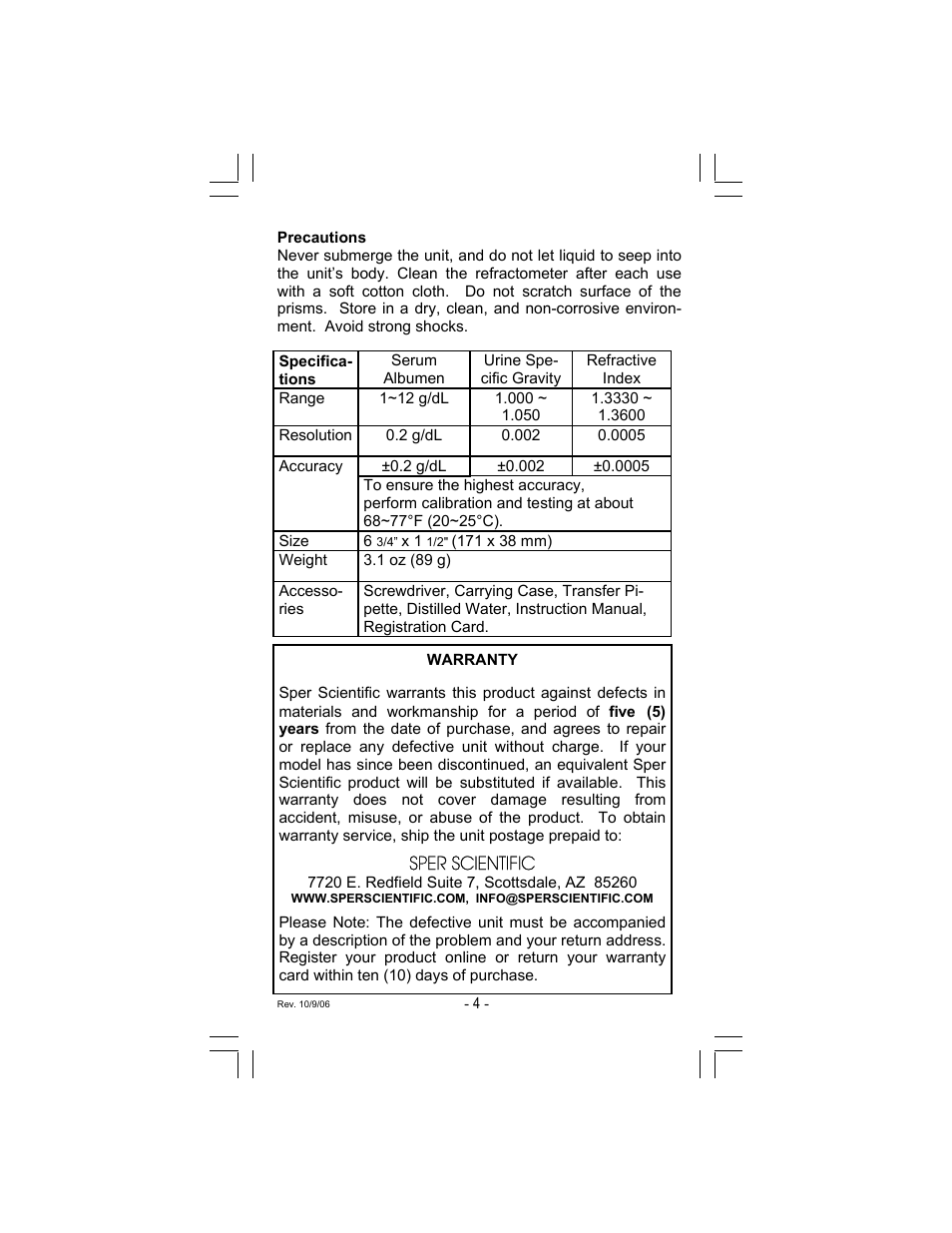 Sper scientific | Sper Scientific 300005 Refractometer - Clinical User Manual | Page 4 / 4