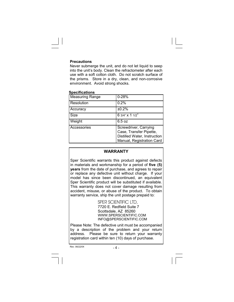 Sper scientific ltd | Sper Scientific 300006 Refractometer - Salt User Manual | Page 4 / 4