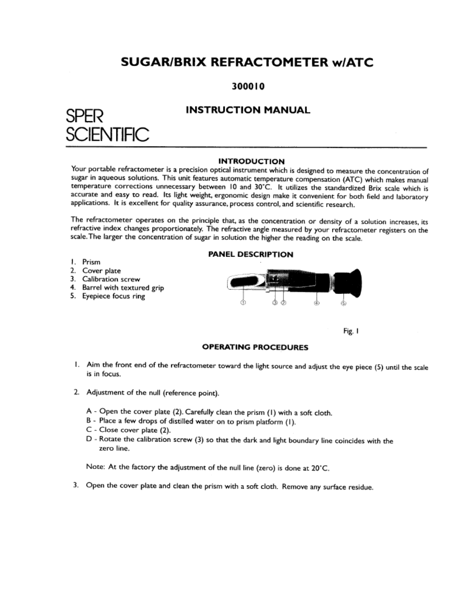 Sper Scientific 300010 Refractometer w/ ATC - Sugar Brix User Manual | 2 pages