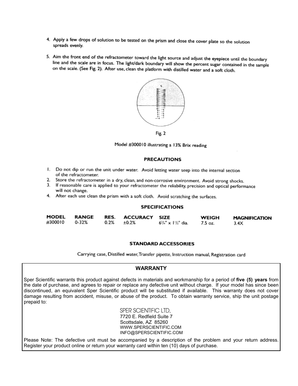 Sper scientific ltd | Sper Scientific 300010 Refractometer w/ ATC - Sugar Brix User Manual | Page 2 / 2