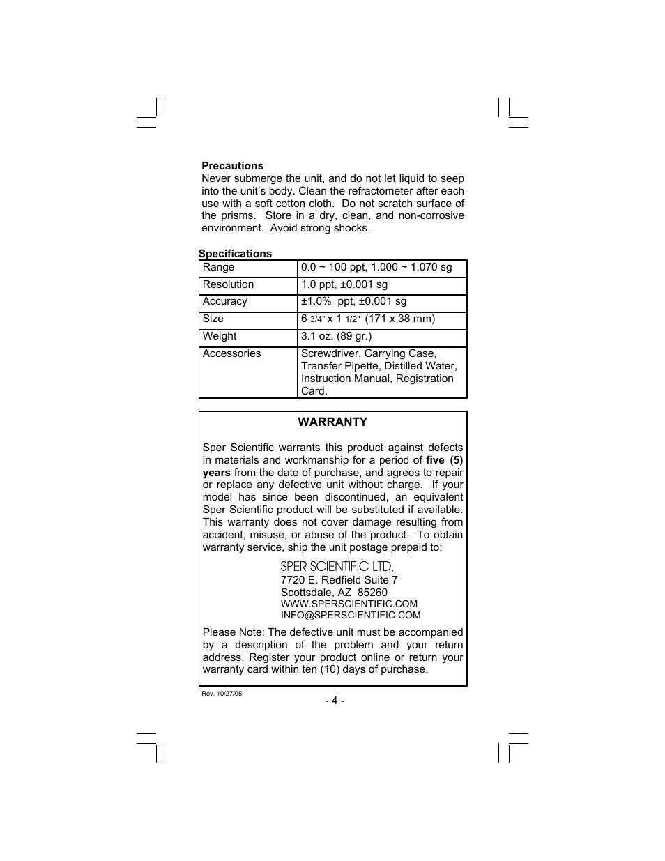 Sper scientific ltd | Sper Scientific 300011 Refractometer w/ ATC - Salt User Manual | Page 4 / 4