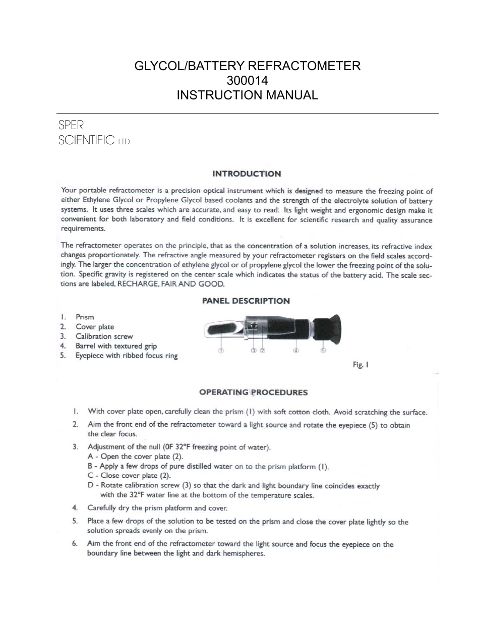 Sper Scientific 300014 Refractometer - Glycol - Coolant - Battery Acid User Manual | 3 pages