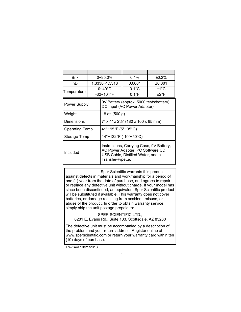 Sper Scientific 300037 Refractometer - Programmable User Manual | Page 8 / 8