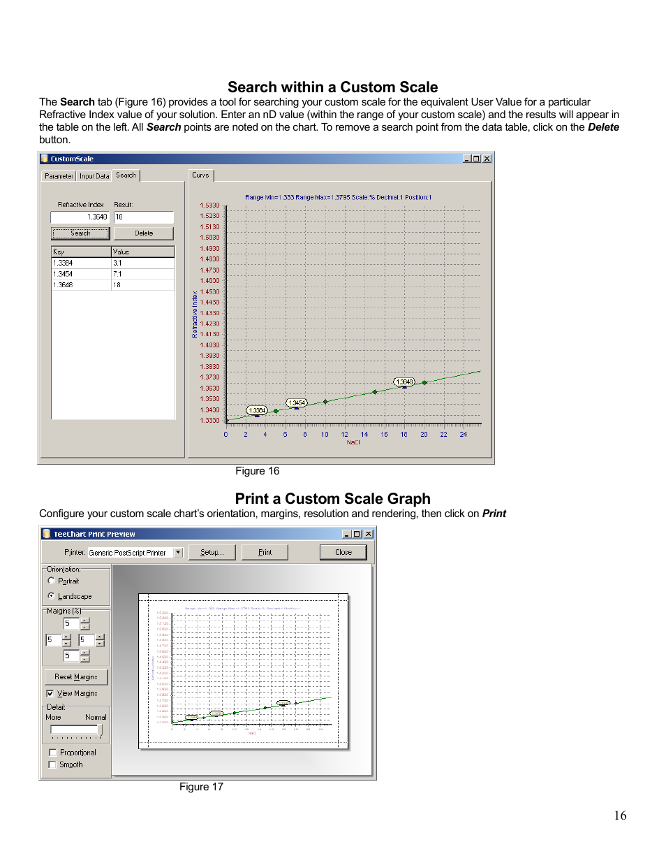 Search within a custom scale, Print a custom scale graph | Sper Scientific 300038 Software for 300037 Refractometer User Manual | Page 16 / 19