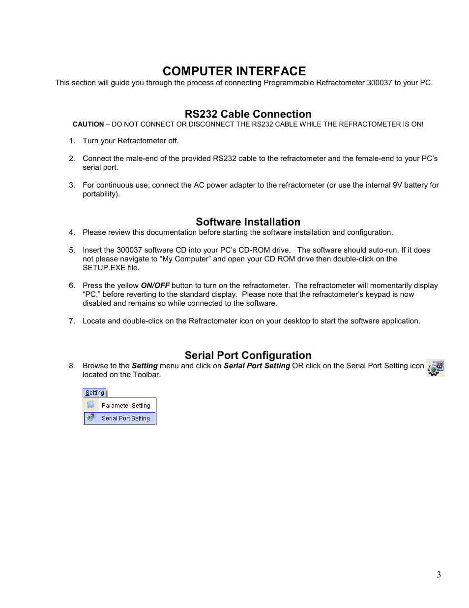 Computer interface, Rs232 cable connection, Software installation | Serial port configuration | Sper Scientific 300038 Software for 300037 Refractometer User Manual | Page 3 / 19