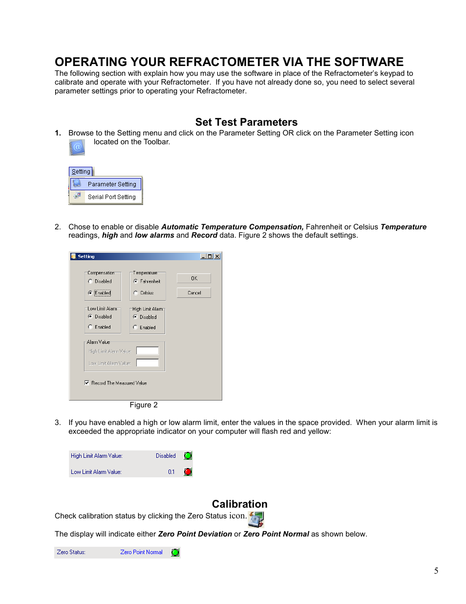 Operating your refractometer via the software, Set test parameters, Calibration | Sper Scientific 300038 Software for 300037 Refractometer User Manual | Page 5 / 19