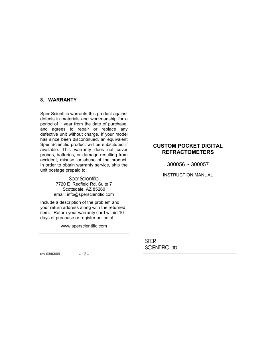 Sper Scientific 300056 Digital Refractometer Custom 1 Scale User Manual | 6 pages