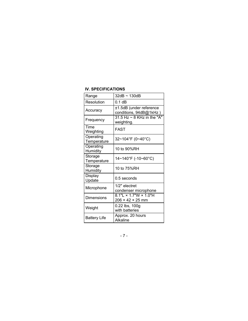 Sper Scientific 840018 Sound Level Meter Pen User Manual | Page 7 / 8