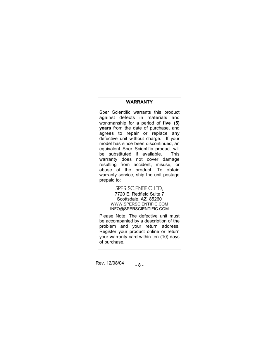 Sper scientific ltd | Sper Scientific 840018 Sound Level Meter Pen User Manual | Page 8 / 8