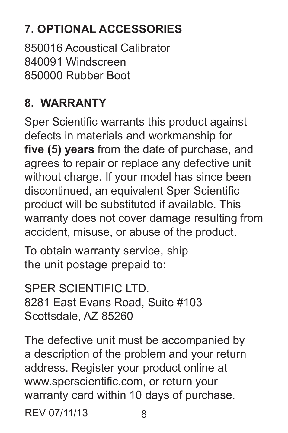 Sper Scientific 850014 Sound Level Meter - Mini User Manual | Page 8 / 8