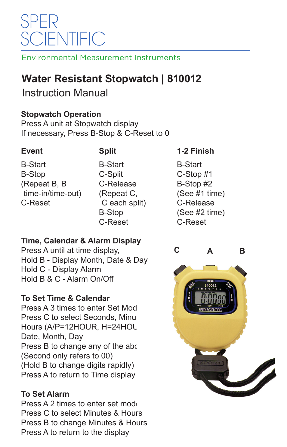 Sper Scientific 810012 Stopwatch Water Resistant User Manual | 1 page