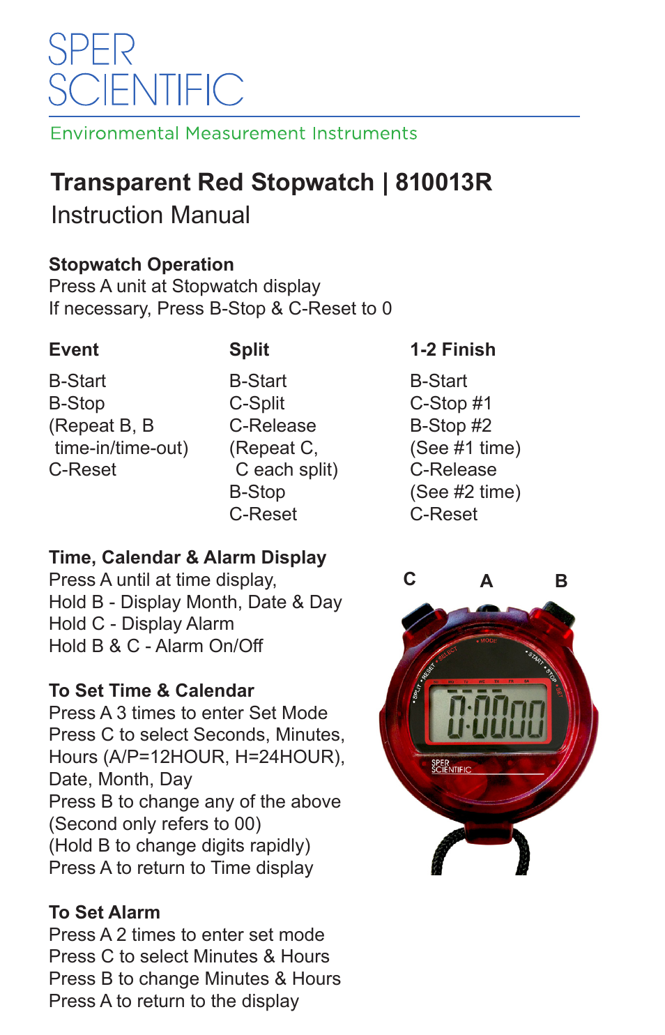 Sper Scientific 810013R Stopwatch Light Weight Red User Manual | 1 page