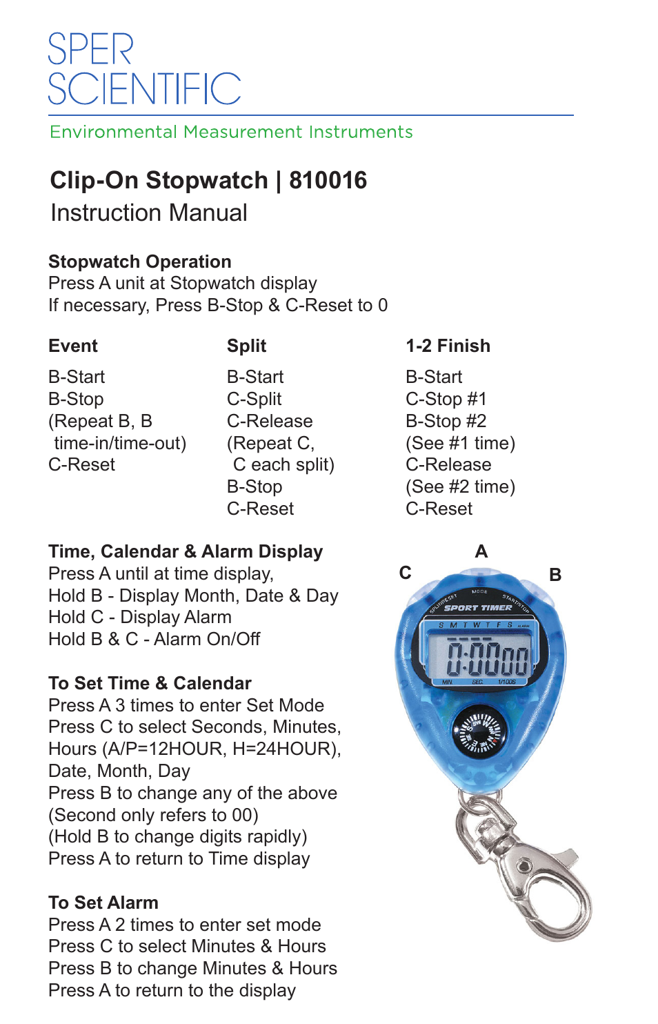 Sper Scientific 810016 Stopwatch / Compass - Clip-on User Manual | 1 page