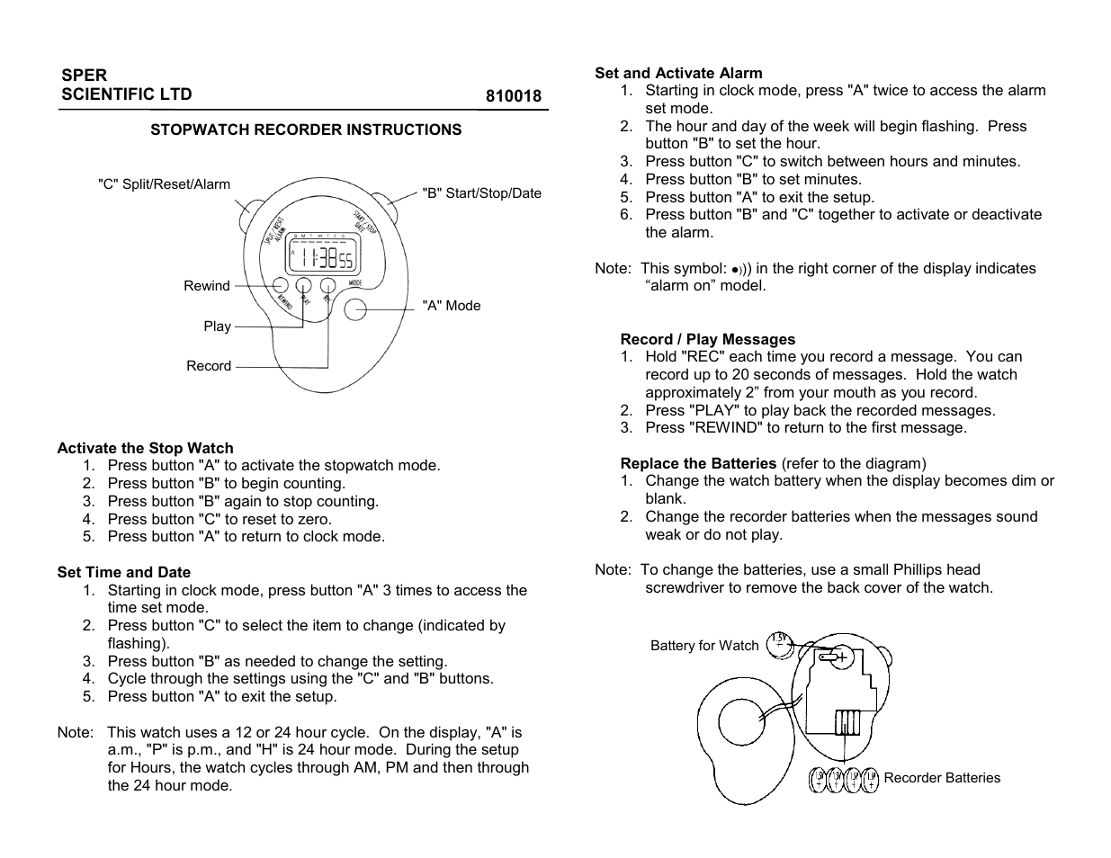 Sper Scientific 810018 Stop Watch Recorder User Manual | 1 page