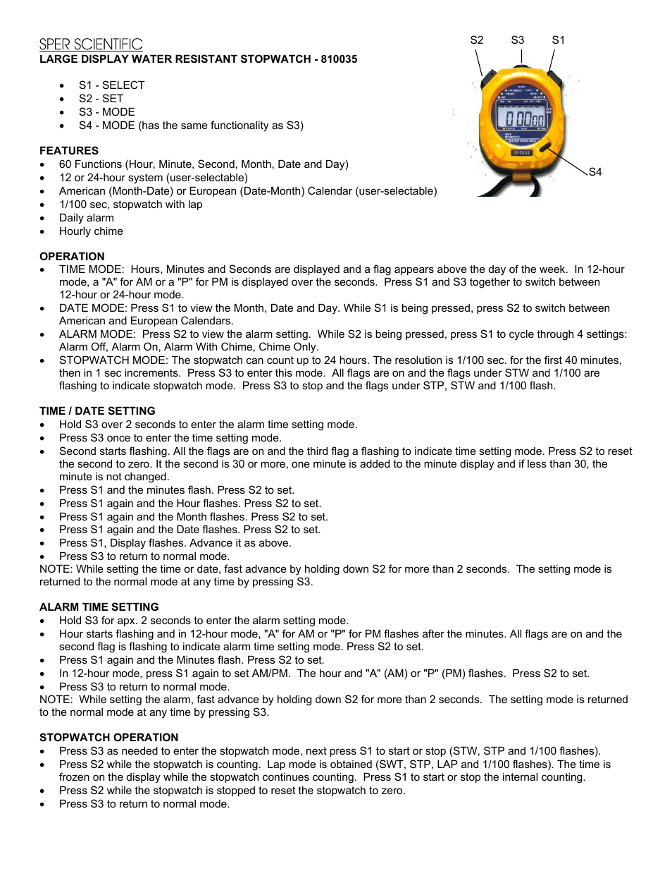 Sper Scientific 810035 Stopwatch User Manual | 1 page