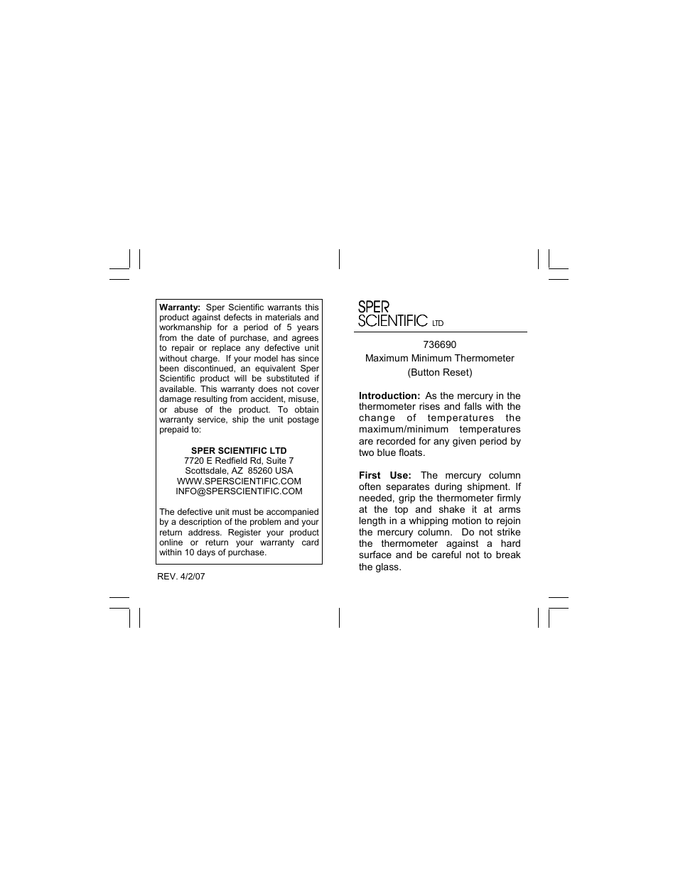 Sper Scientific 736690 Thermometer - Min-Max Push Button User Manual | 2 pages