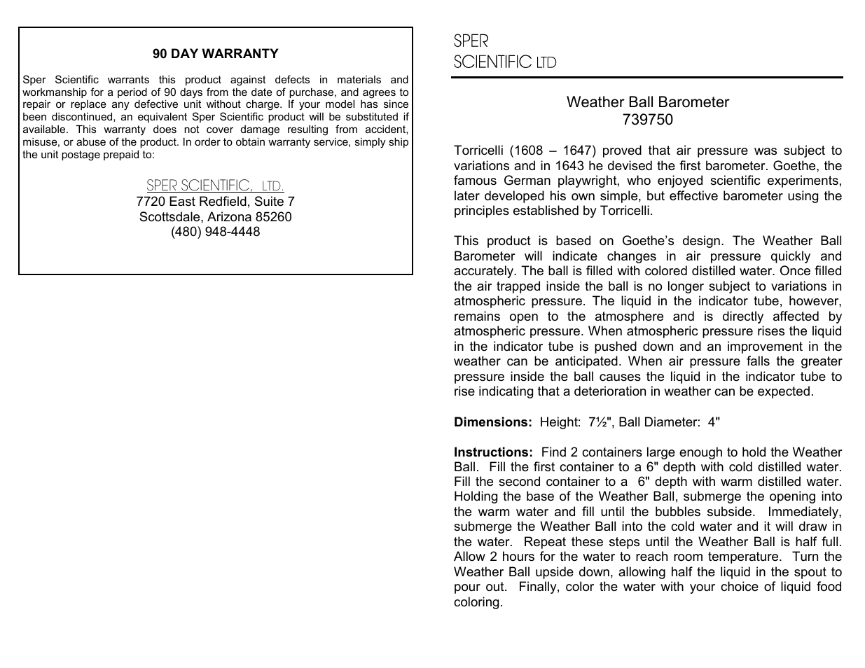 Sper Scientific 739750 Barometer Weather Ball User Manual | 1 page
