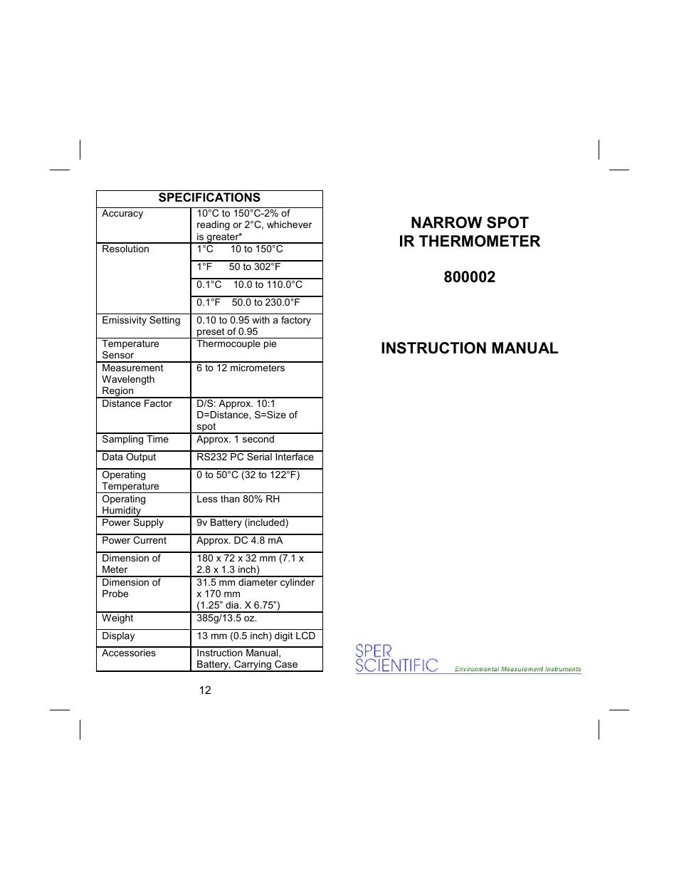 Sper Scientific 800002 Infrared IR Thermometer User Manual | 6 pages