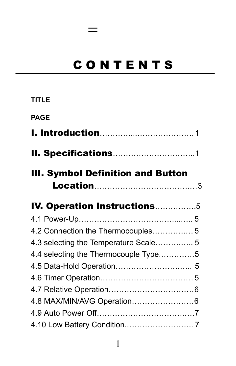 I. introduction, Ii. specifications, Iii. symbol definition and button location | Iv. operation instructions, 1 power-up, 2 connection the thermocouples, 3 selecting the temperature scale, 4 selecting the thermocouple type, 5 data-hold operation, 6 timer operation | Sper Scientific 800005 Thermometer Advanced w/RS232 User Manual | Page 2 / 13
