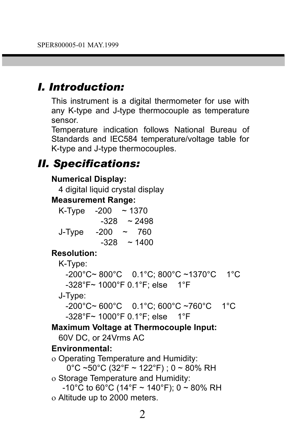 I. introduction, Ii. specifications | Sper Scientific 800005 Thermometer Advanced w/RS232 User Manual | Page 3 / 13