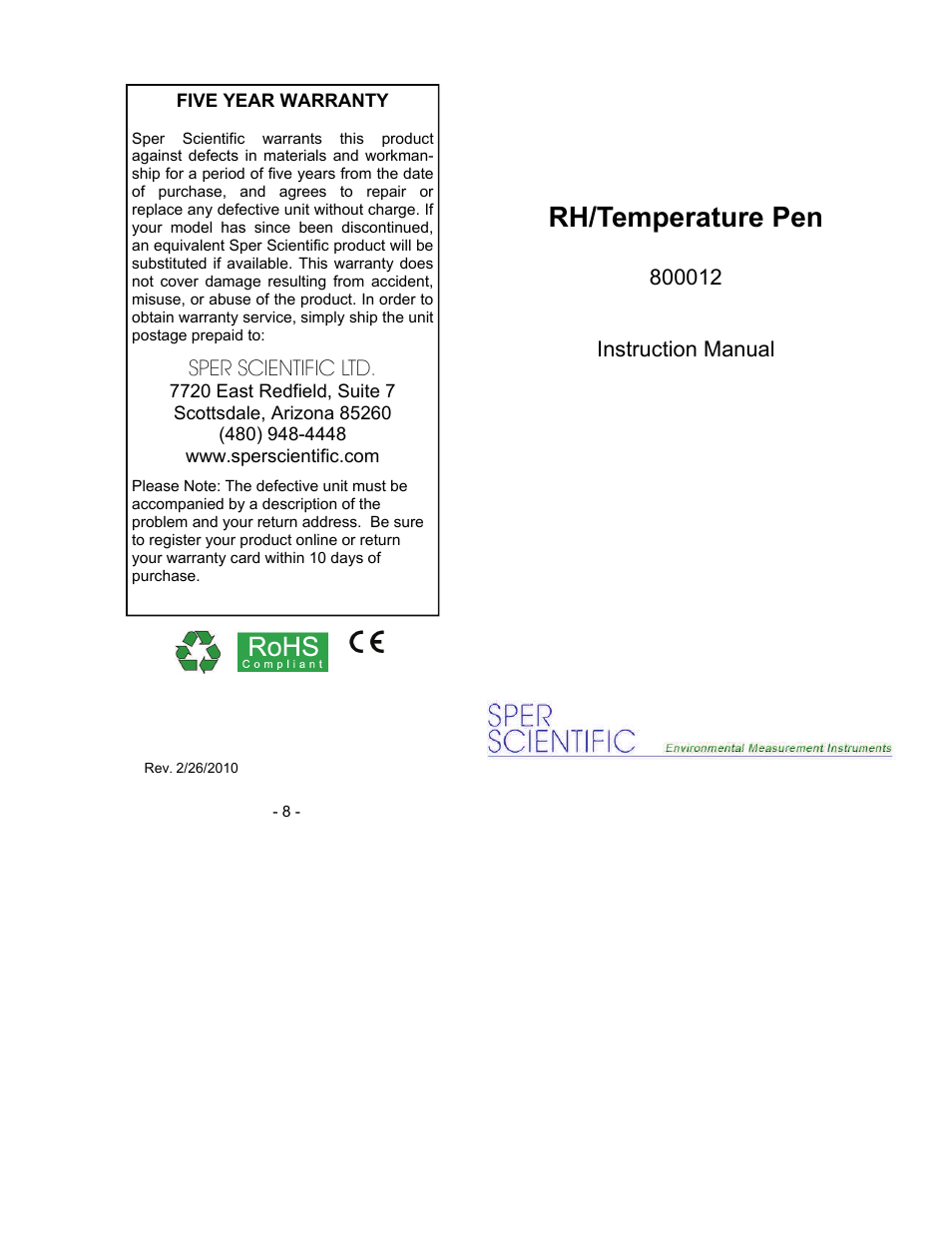 Sper Scientific 800012 RH/Temperature Pen User Manual | 4 pages