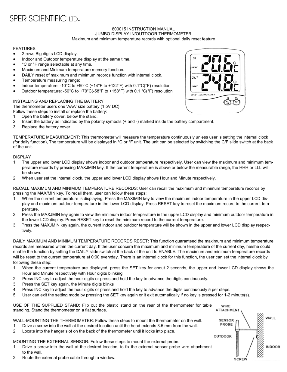 Sper Scientific 800015 Thermometer Indoor/Outdoor User Manual | 1 page