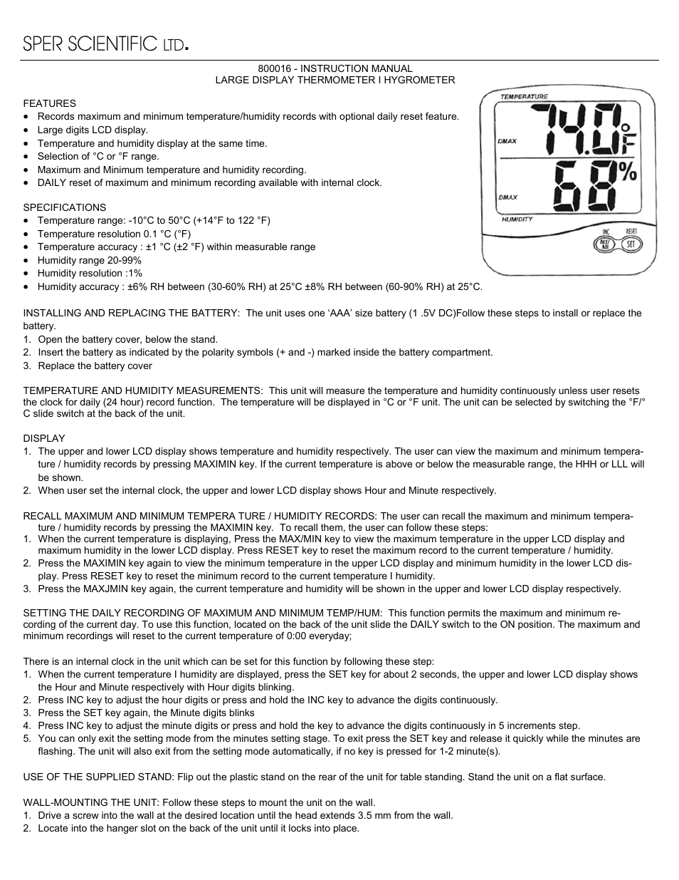 Sper Scientific 800016 Humidity Temperature Monitor User Manual | 1 page