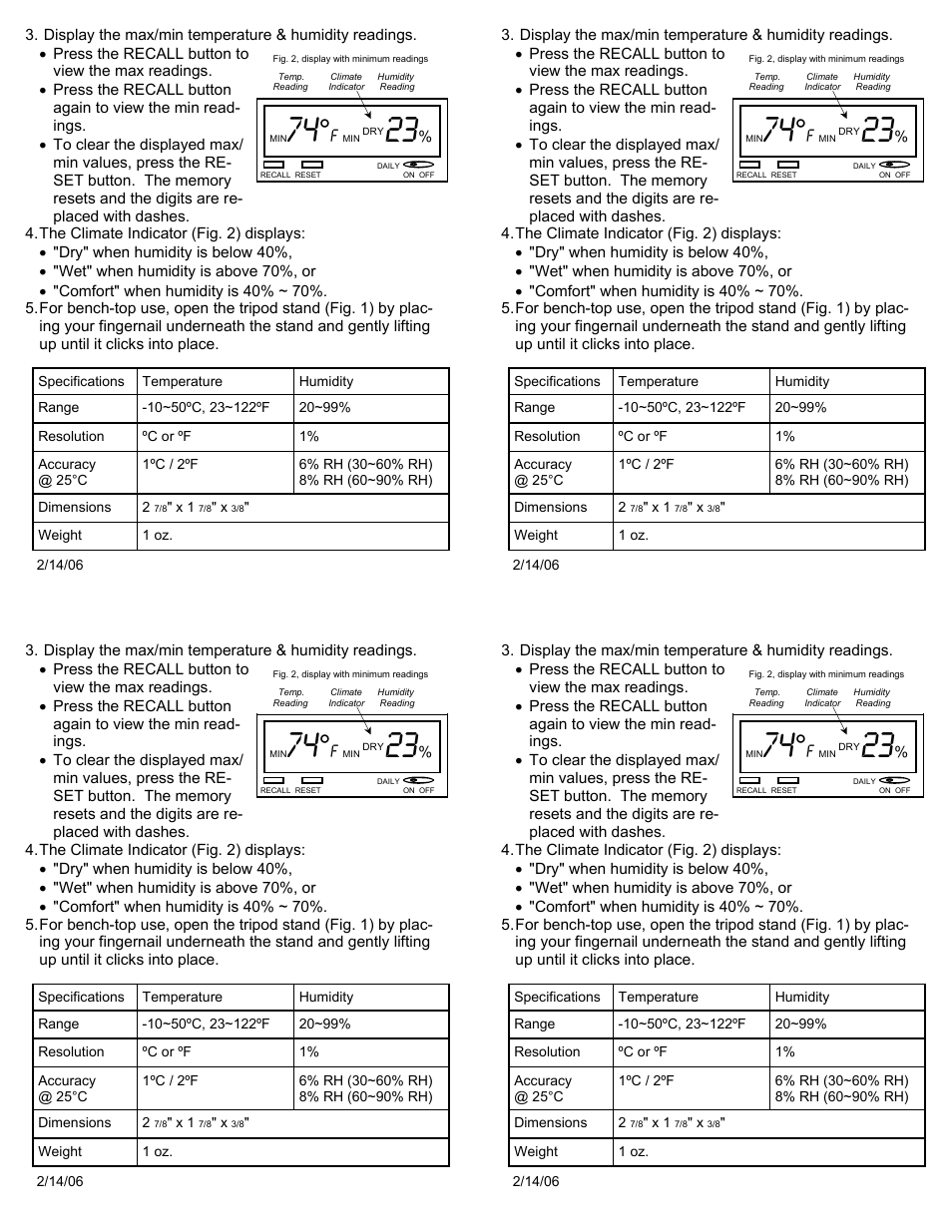 Sper Scientific 800017R Mini Humidity / Temp Monitor User Manual | Page 2 / 2