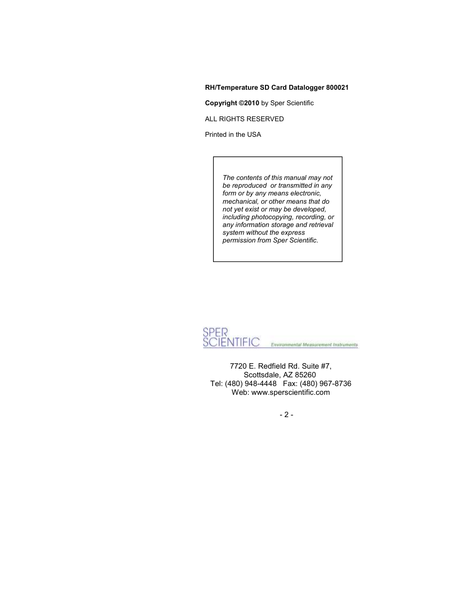 Sper Scientific 800021 RH/Temp SD Card Logger User Manual | Page 2 / 44