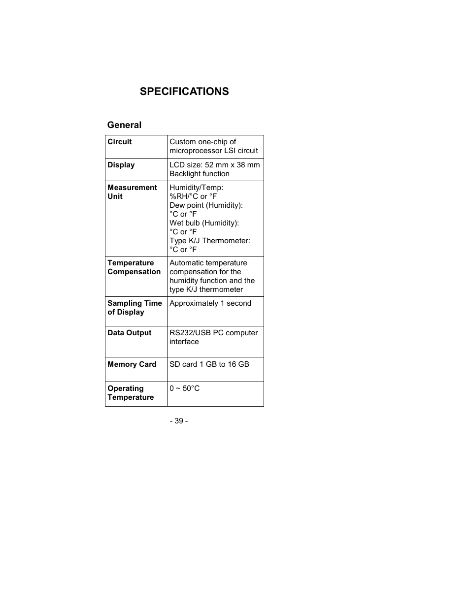 Specifications | Sper Scientific 800021 RH/Temp SD Card Logger User Manual | Page 39 / 44