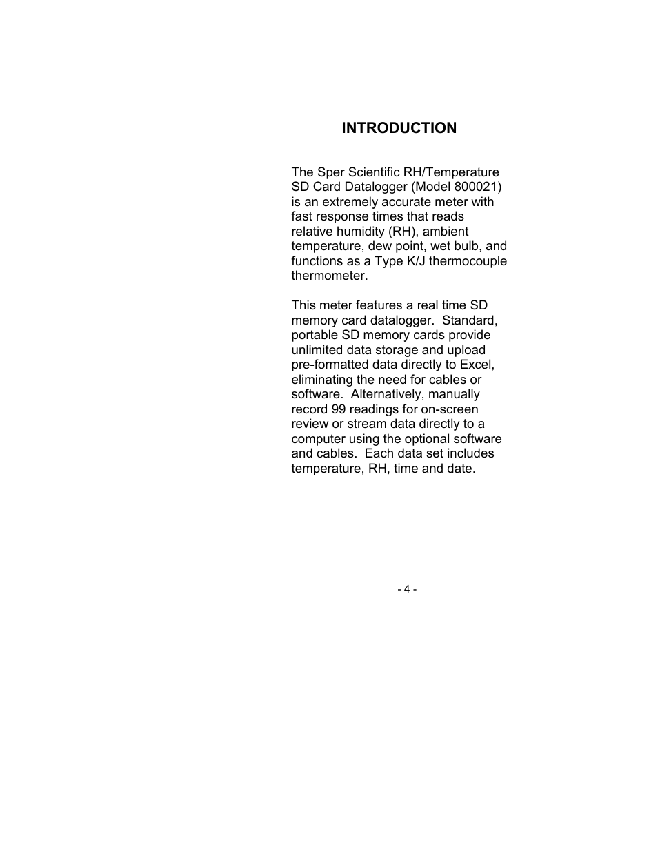 Sper Scientific 800021 RH/Temp SD Card Logger User Manual | Page 4 / 44