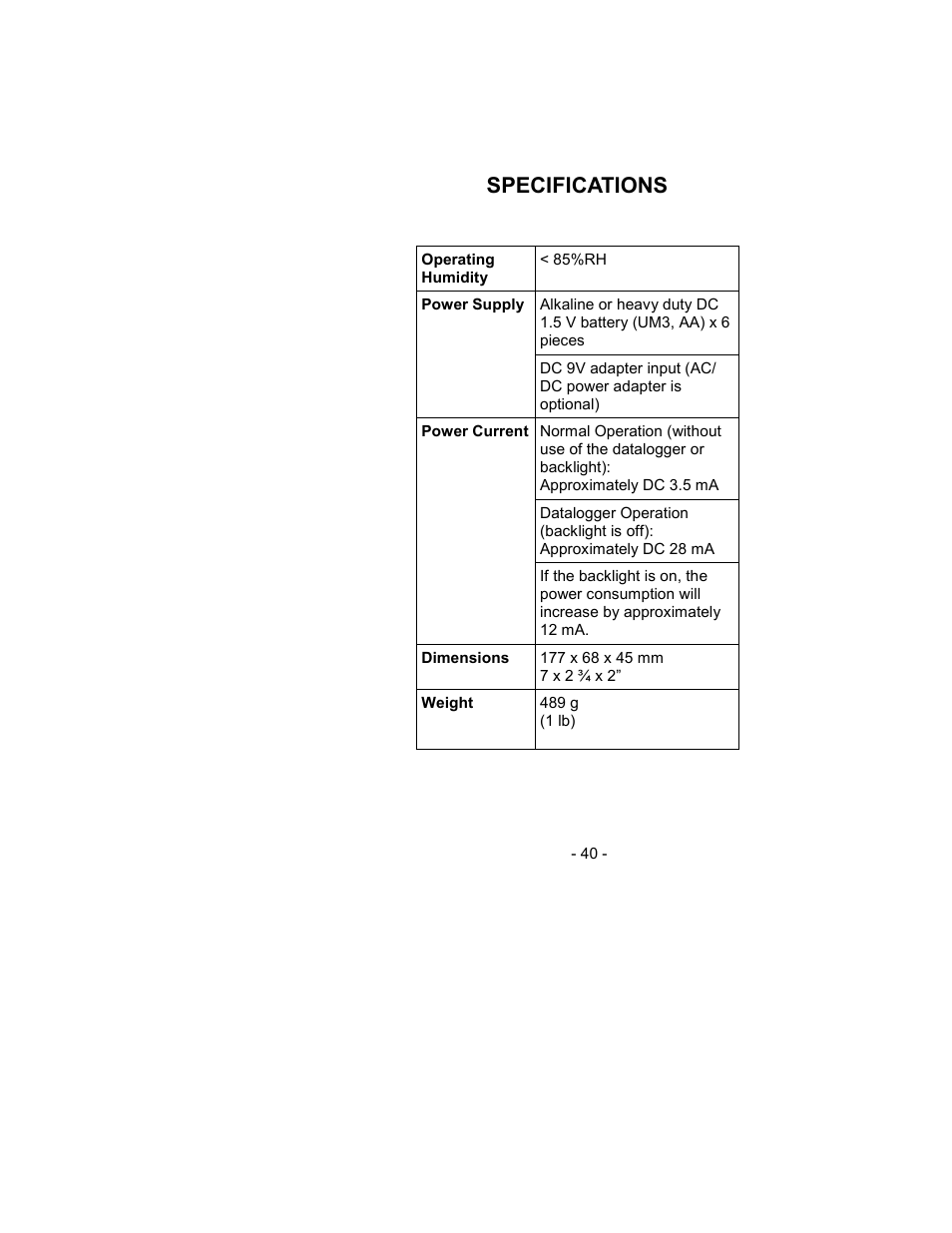 Specifications | Sper Scientific 800021 RH/Temp SD Card Logger User Manual | Page 40 / 44