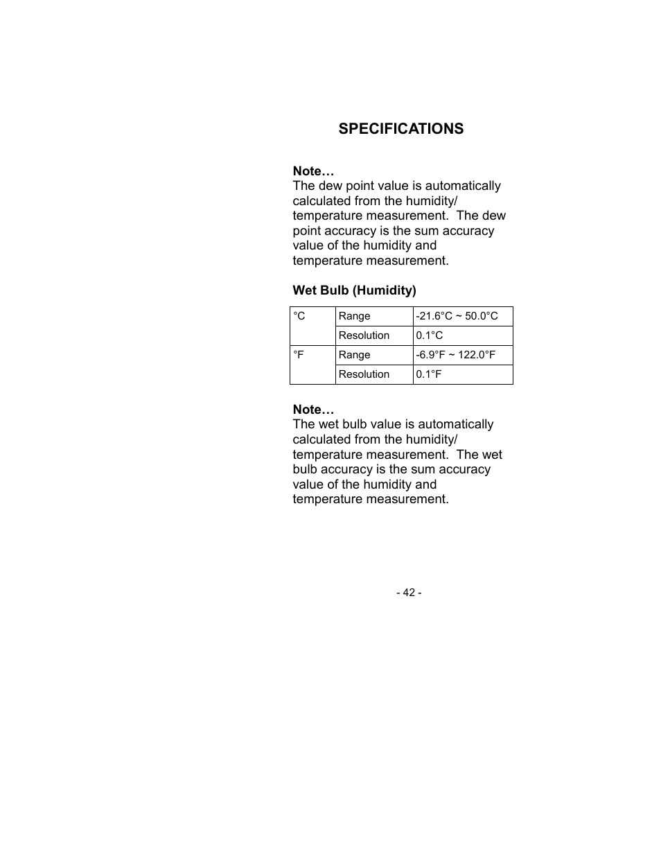 Specifications | Sper Scientific 800021 RH/Temp SD Card Logger User Manual | Page 42 / 44