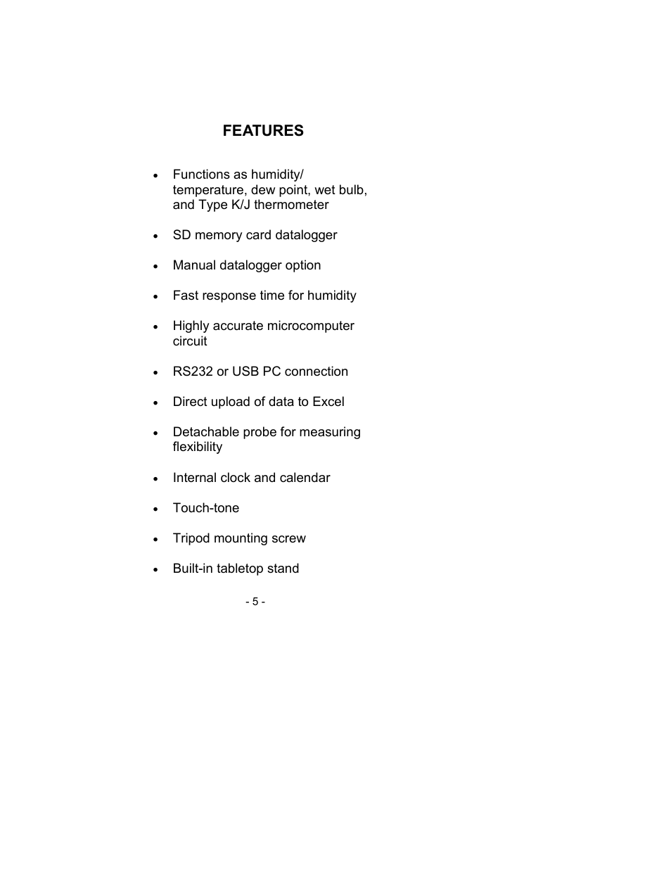 Features | Sper Scientific 800021 RH/Temp SD Card Logger User Manual | Page 5 / 44
