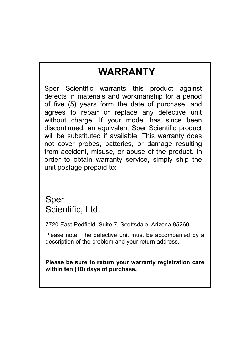 Warranty | Sper Scientific 800057 Additional Sensor for Temperature Datalogger Set User Manual | Page 18 / 18