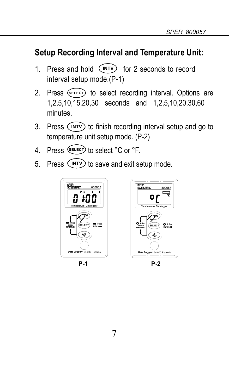 Setup recording interval and temperature unit | Sper Scientific 800057 Additional Sensor for Temperature Datalogger Set User Manual | Page 8 / 18